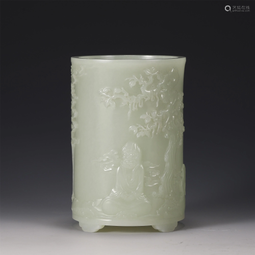 A CHINESE JADE CARVED FIGURAL BRUSH POT WITH
