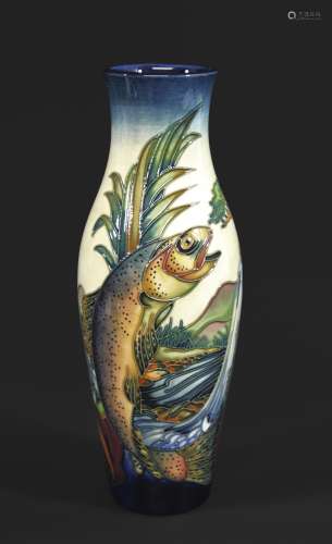 MOORCROFT VASE - TROUT a slender vase in the Trout design, d...