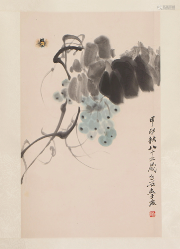 A CHINESE PAINTING DEPICTING GRAPES AND BEE