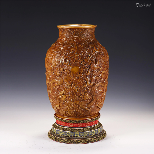 A CHINESE SOAPSTONE CARVED DRAGON VASE