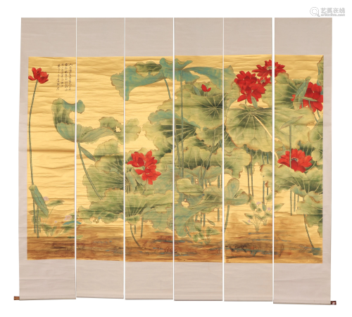 SIX CHINESE SCROLL PAINTINGS OF LOTUS