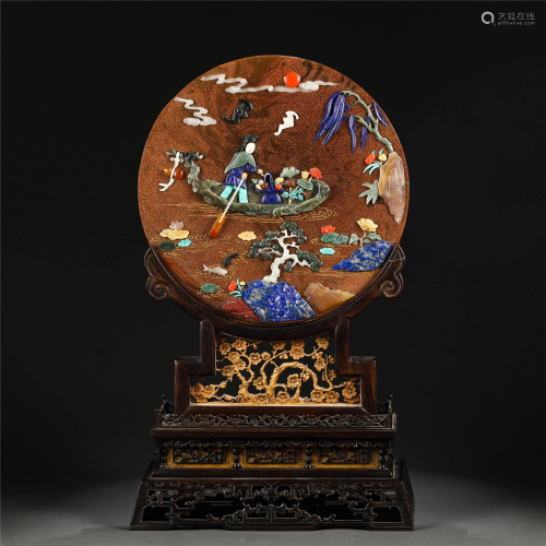A CHINESE HARD-STONES INLAID TABLE SCREEN