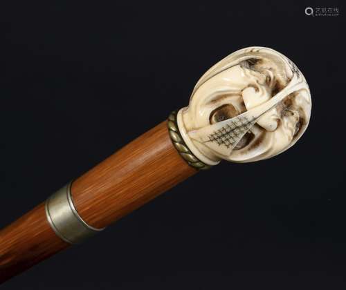 JAPANESE IVORY TOP WALKING STICK Meiji period, the ivory han...