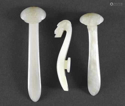 TWO SIMILAR CHINESE WHITE JADE RUYI SCEPTRE FORM HAIR ORNAME...