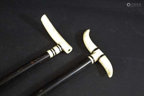 IVORY & EBONY WALKING STICKS two similar walking sticks, the...