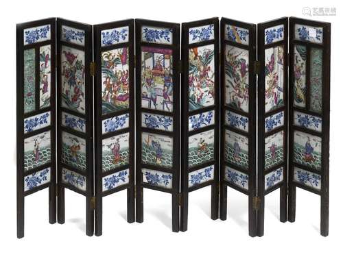 CHINESE FAMILLE ROSE & UNDERGLAZE BLUE PORCELAIN EIGHT PANEL...