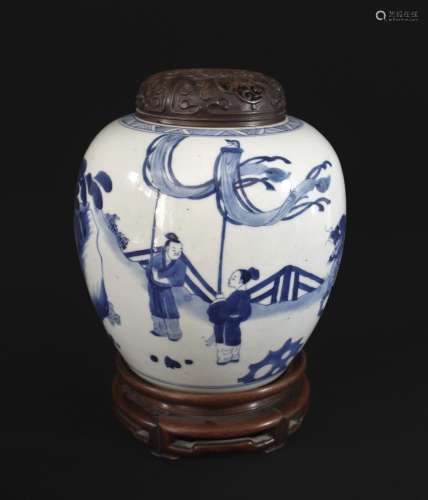 CHINESE BLUE & WHITE JAR - KANGXI with rounded sides and pai...