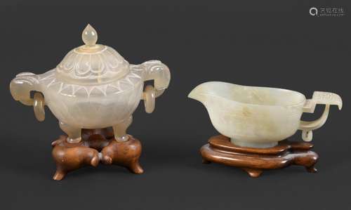 PALE CELEDON JADE EWER - 19TH CENTURY the rounded body risin...