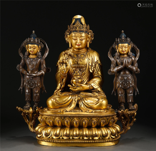 A GROUP OF THREE CHINESE BRONZE GILT FIGURINES OF