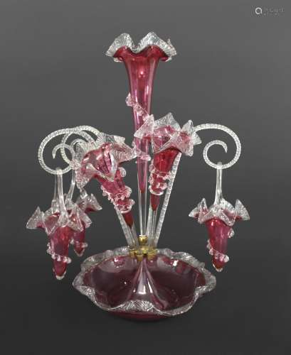 VICTORIAN CRANBERRY GLASS EPERGNE a large epergne with a cen...