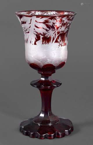 19THC BOHEMIAN GLASS GOBLET - STAG a ruby flash engraved gla...