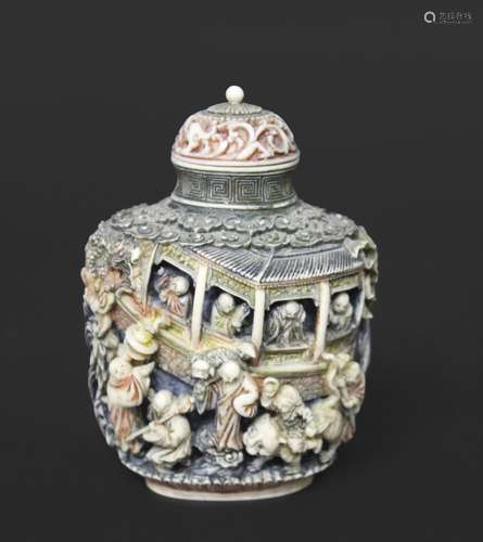 CHINESE STAINED IVORY SNUFF BOTTLE & STOPPER late Qing Dynas...