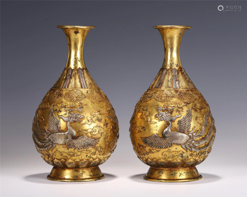 PAIR CHINESE GOLD AND SILVER INLAID BRONZE PHOENIX