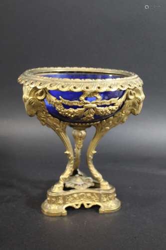 FRENCH GILT METAL CENTREPIECE & BLUE GLASS LINER an elaborat...