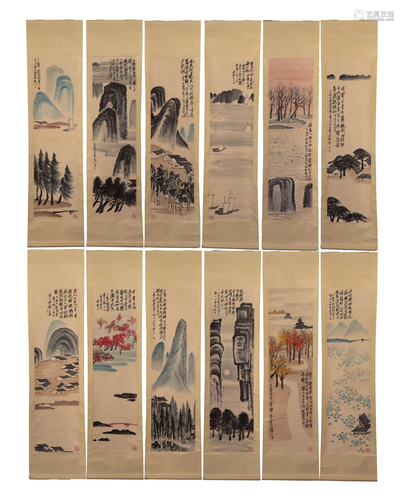 TWELVE CHINESE SCROLL PAINTINGS OF AUTUMN LANDSCAP…