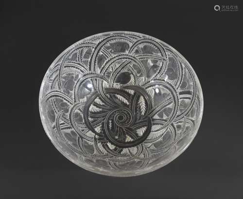 LALIQUE BOWL - PINSONS a frosted and clear glass bowl with f...