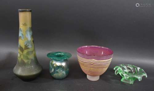 ART GLASS including a Loetz style iridescent vase with flatt...