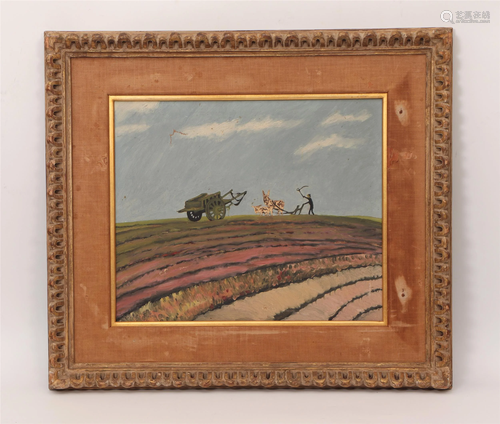 A FRAMED CHINESE PAINTING DEPICTING PLOUGHING