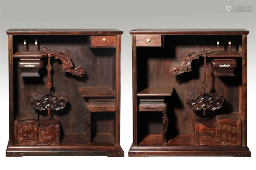 A Pair of Chinese Carved Hardwood Shelves