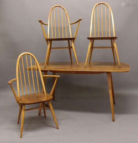 ERCOL DINING TABLE & FOUR CHAIRS a light elm dining table wi...