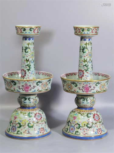 A Pair of Chinese Famille-Rose Porcelain Candlesticks