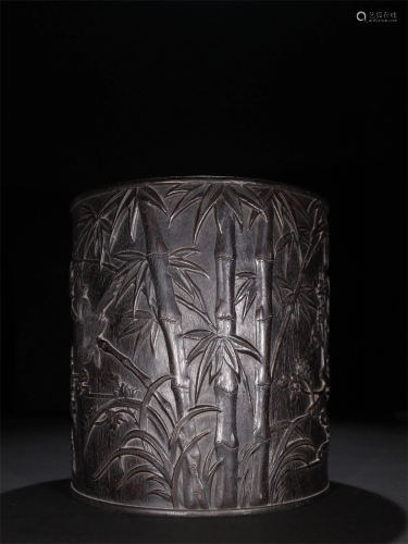 A Chinese Carved Hardwood Brush Pot