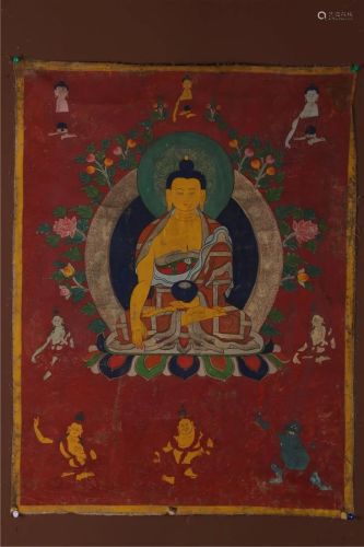 A BHAISAJYAGURU BUDDHA THANGKA.