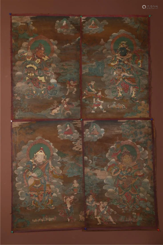 A SET OF FOUR THANGKAS, FOUR HEAVENLY KINGS.