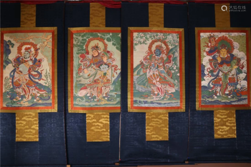 A SET OF FOUR THANGKAS, FOUR HEAVENLY KINGS.