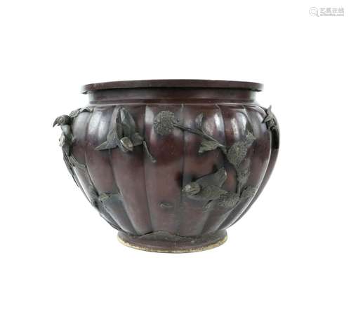 20th century Japanese cast metal planter applied with birds ...