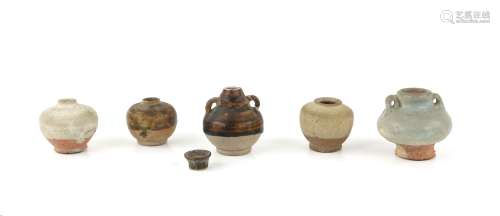Five Chinese vases, comprising half brown glazed twin-handle...