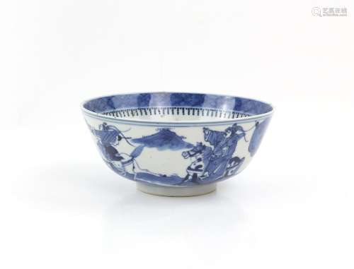 Chinese blue and white bowl decorated with fighting figures,...