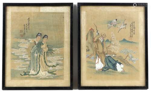 Set of six Chinese Qing dynasty watercolour paintings on sil...