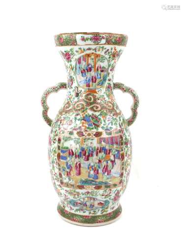 Chinese famille rose twin-handled vase decorated with panels...