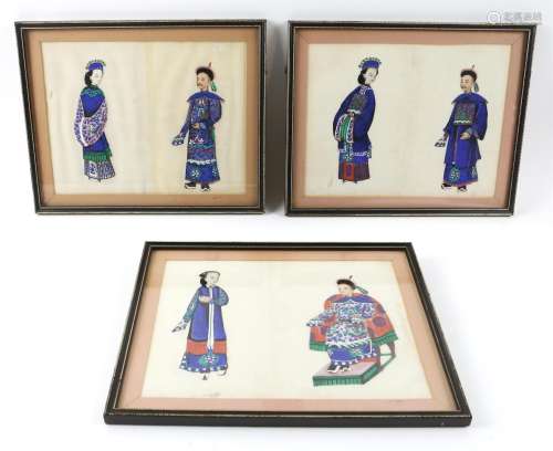 Six Chinese pith paintings of courtesans framed as pairs eac...