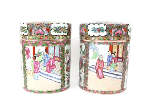 Pair of 20th century famille rose cylindrical jars and cover...