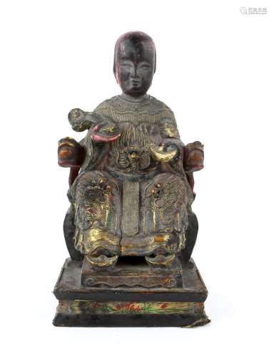 Chinese carved wood figure of Caishen, god of wealth and mon...