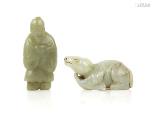 Two Chinese carved jades, one of a pig, 8cm long, the other ...