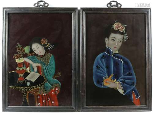 Two Chinese reverse painted glass portraits of young women, ...