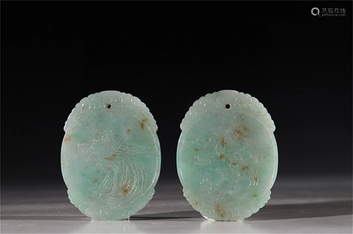 Pair of Carved Jadeite Dragon & Phoenix Pendants