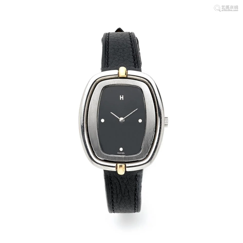 HERMES Montre bracelet en acier sur cuir. BOÎTIER