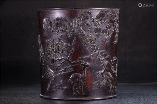 A Carved Zitan Wood Brush Pot