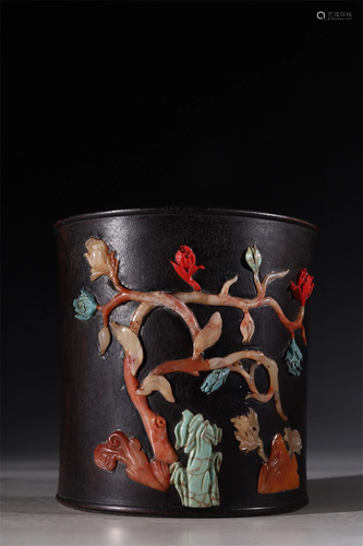 A Carved Zitan Wood Brush Pot Inlaid with Shoushan