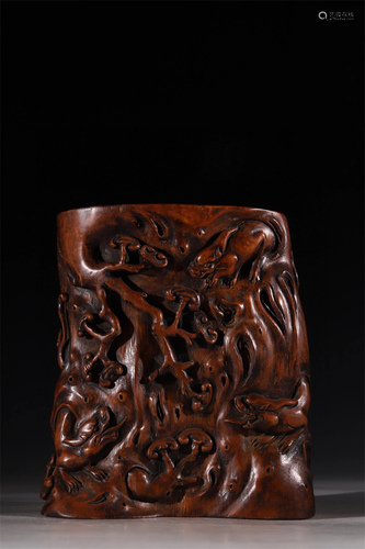 A Carved Bamboo Dragon Patterned Brush Pot