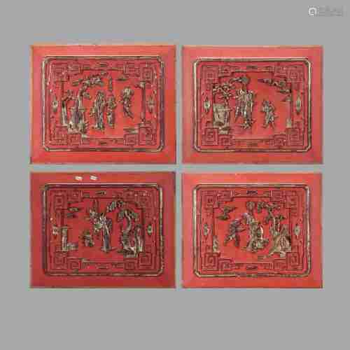 金絲楠木雕紅彩描金人物故事紋花板四個一套