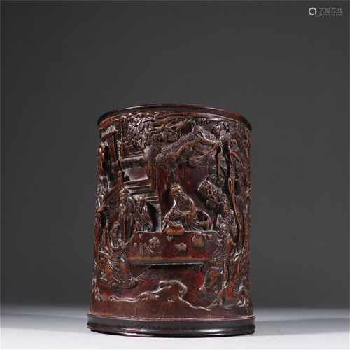 A Carved Agarwood Figure Patterned Brush Pot