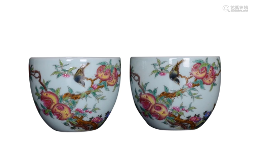 PAIR OF PAINTED ENAMEL 'MAGPIE AND FLOWER' CUPS