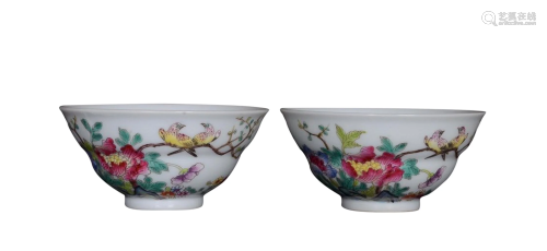 PAIR OF PAINTED ENAMEL 'BIRD AND FLOWER' CUPS