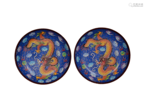 PAIR OF PAINTED ENAMEL 'DRAGON' CHARGERS