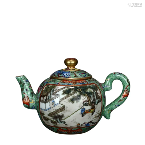 GREEN-GROUND FAMILLE-ROSE 'CHILDREND AT PLAY' TEAPOT